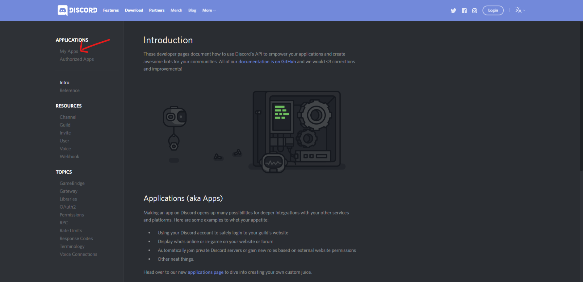 Discord Developers Page, click where the red arrow points