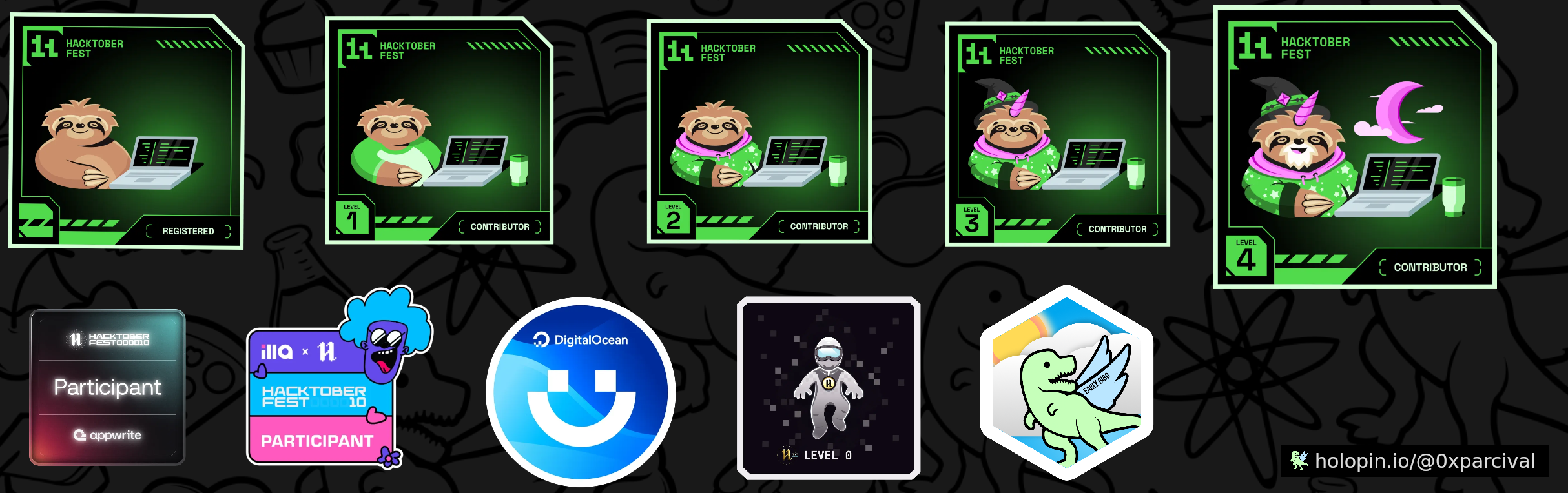 An image of @0xparcival's Holopin badges, which is a link to view their full Holopin profile