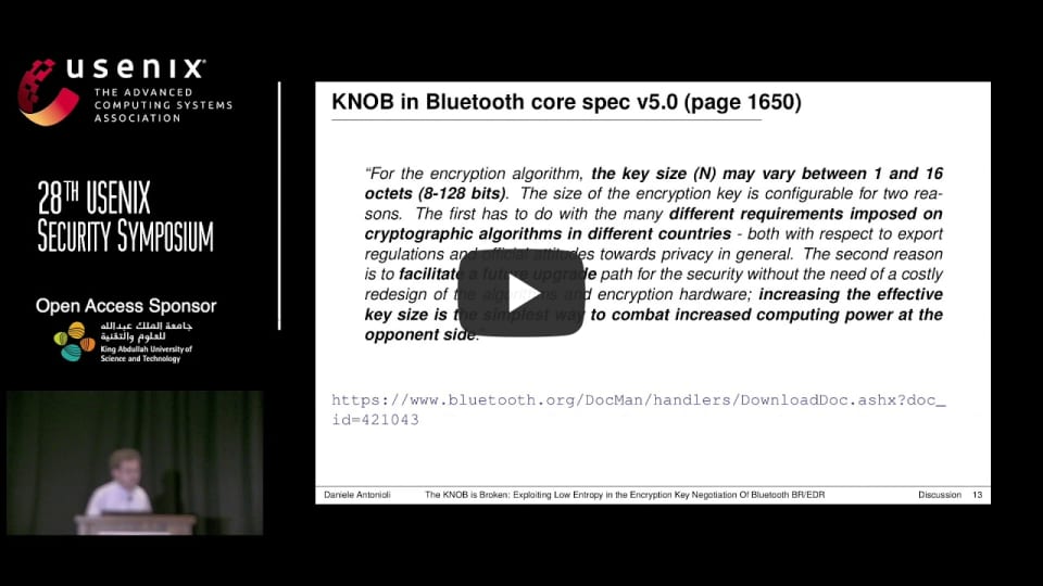 USENIX Security '19 - The KNOB is Broken: Exploiting Low Entropy in the Encryption Key
