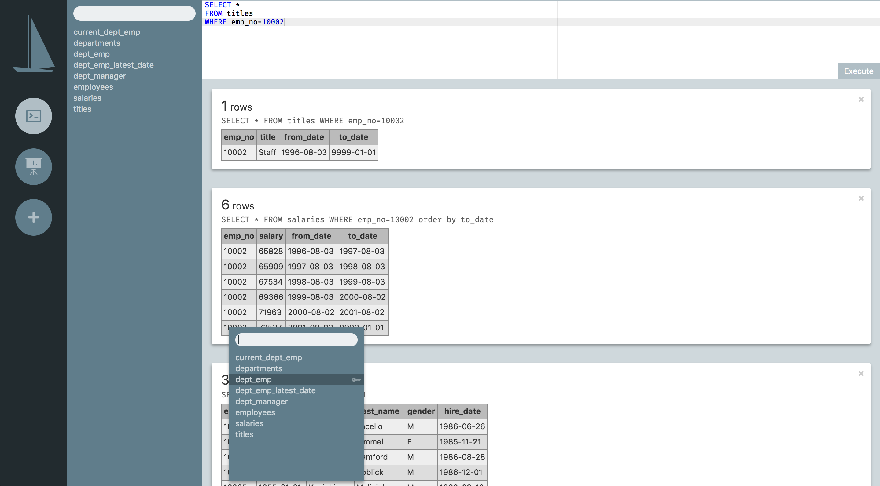 Screenshot of the Sail console