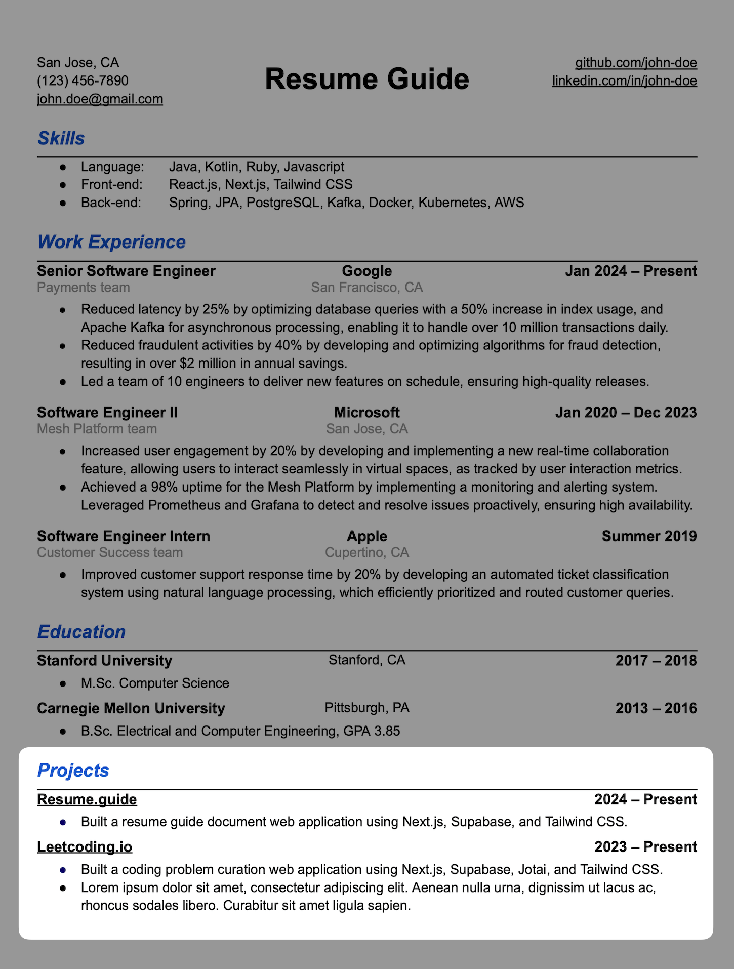 U.S. software engineer resume Projects section