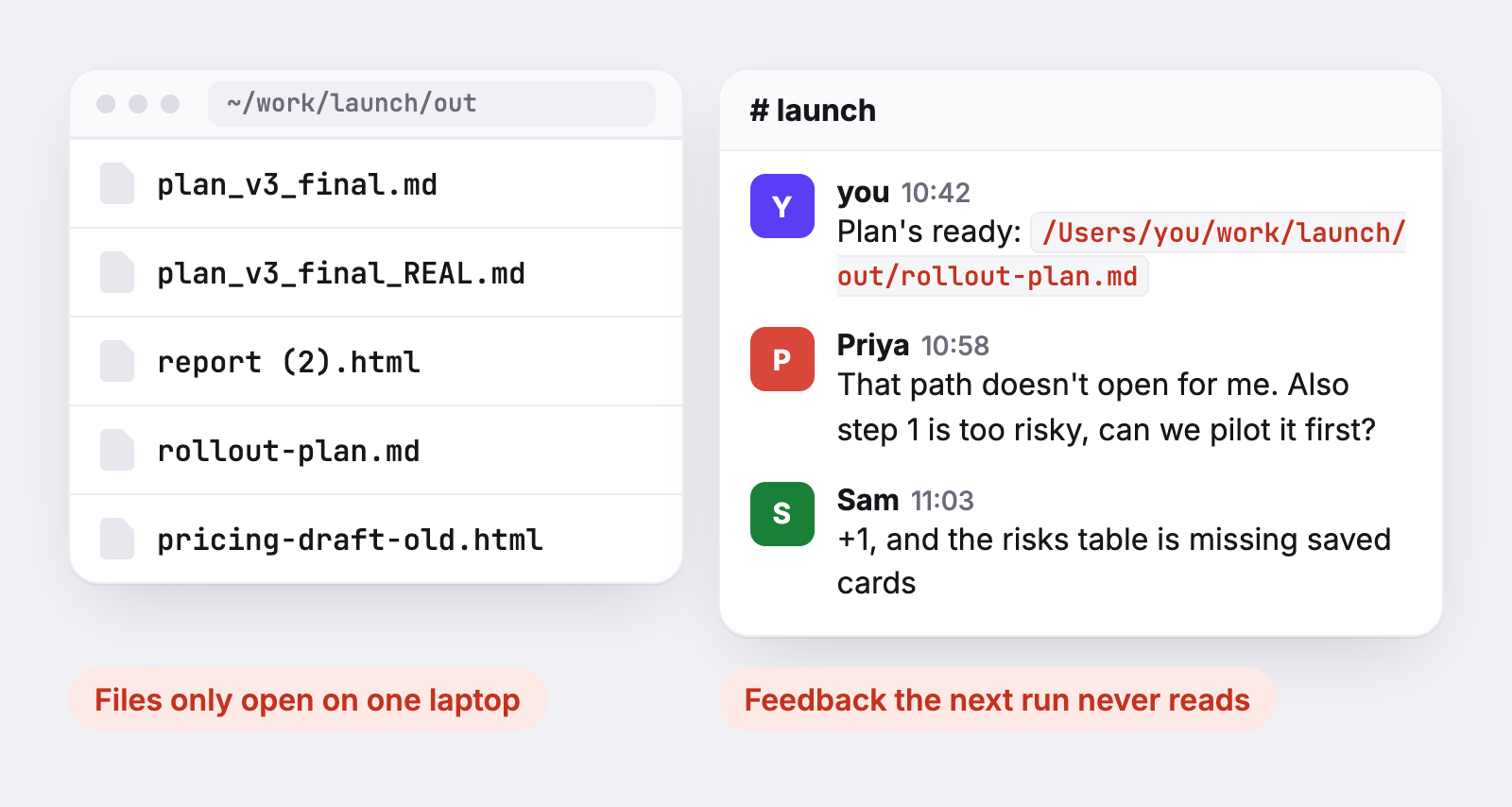 A folder of agent output named plan_v3_final.md and plan_v3_final_REAL.md, next to a chat thread where a local file path is shared and teammates reply with feedback