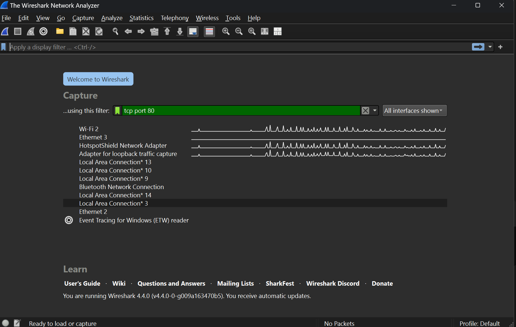 Adding capture filters to Wireshark.