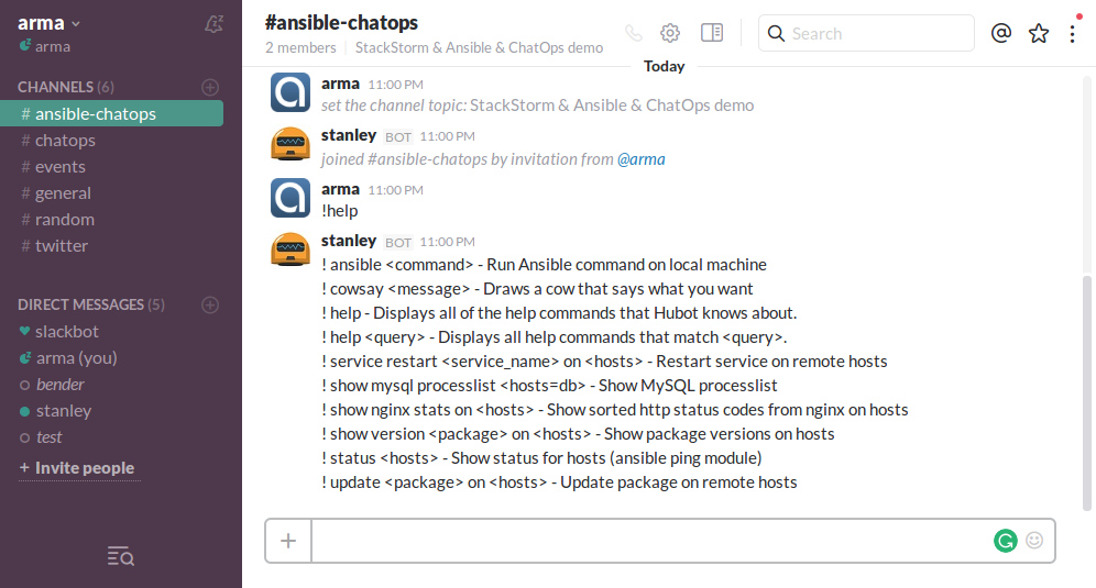 Ansible ChatOps with StackStorm, Hubot and Slack. List of ChatOps commands