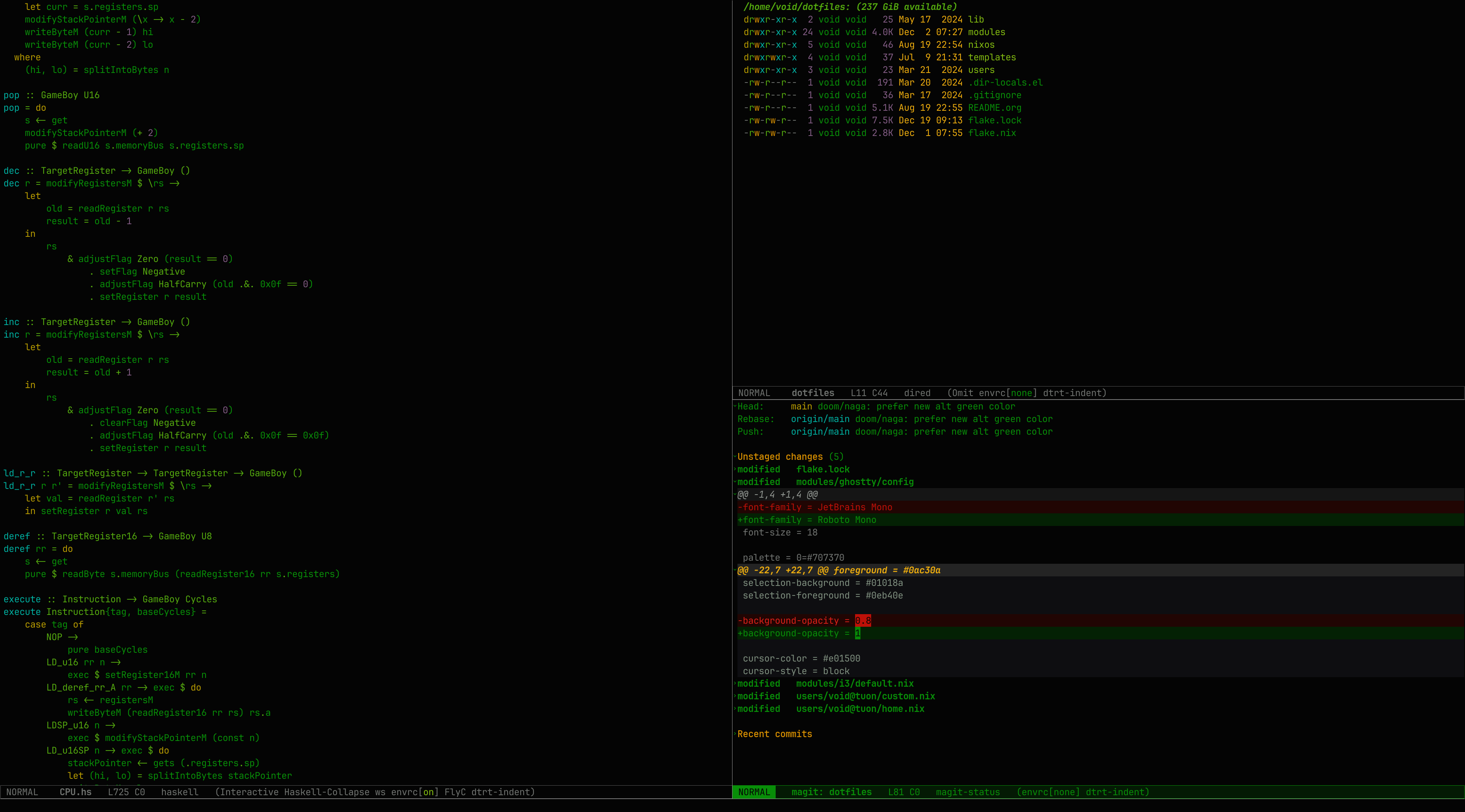 A screenshot of the naga-dimmed theme, showing Haskell code, diredfl, and a magit status buffer