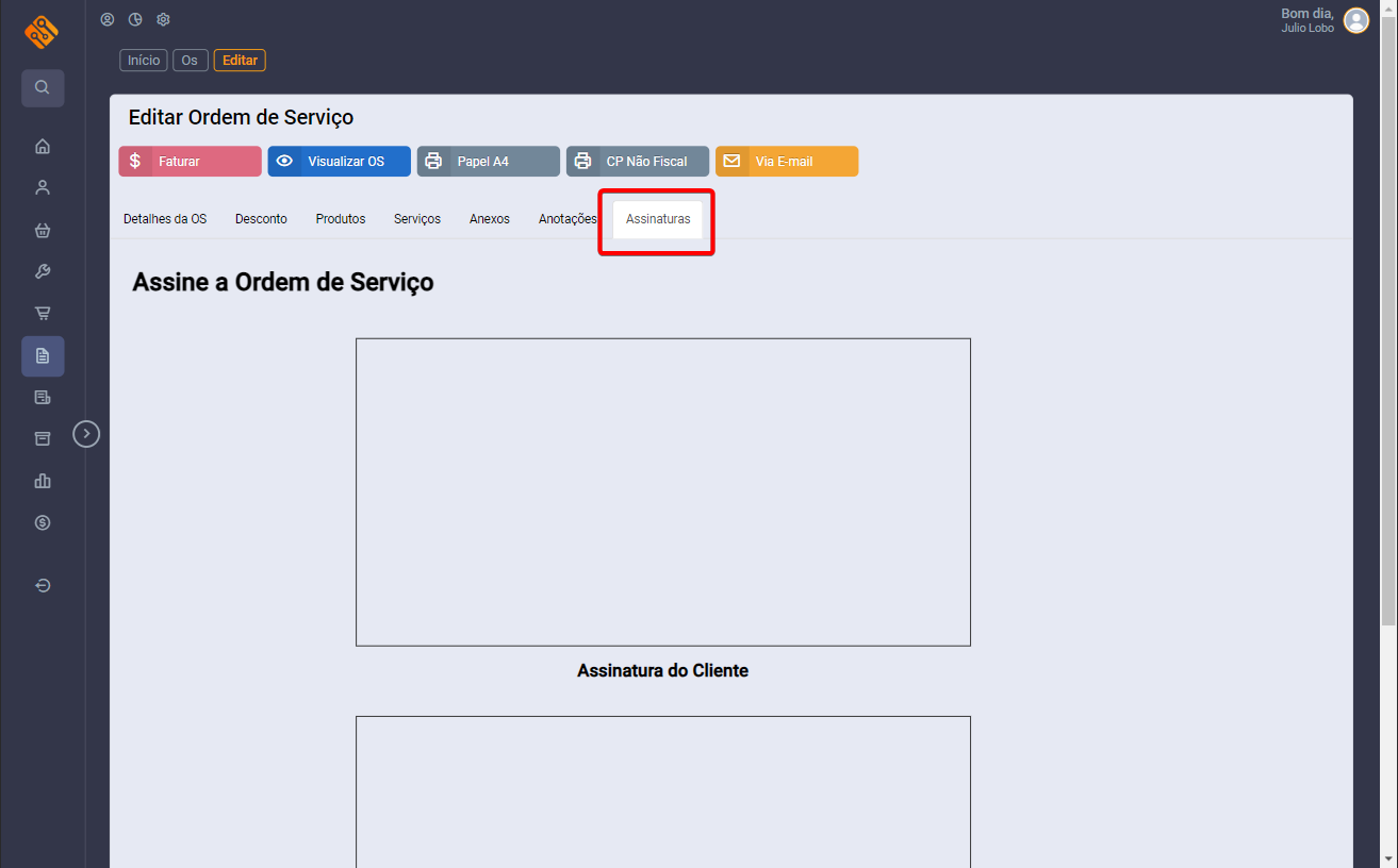 Aba Assinatura no Editar OS