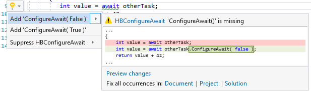 ConfigureAwait() code fix screenshot