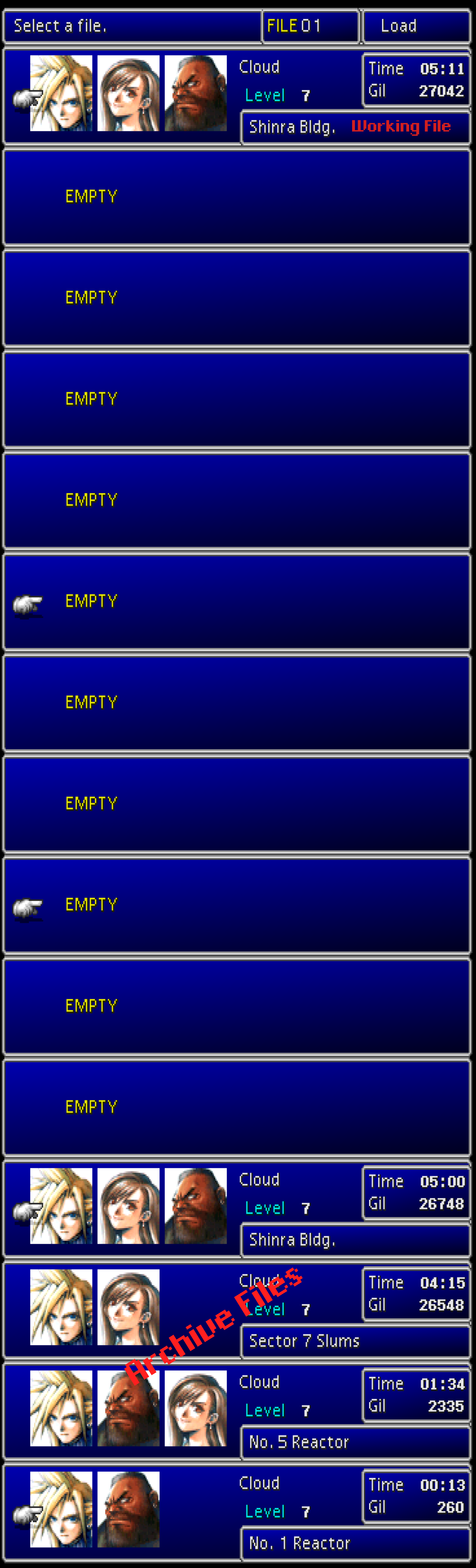 Stitched together screenshots of the save files in Final Fantasy VII, demonstrating a working save at File 1 and archived saves 12-15