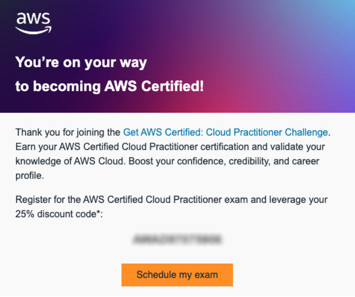 Get AWS Certified: Cloud Practitioner Challenge email with voucher code