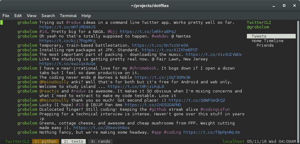 TwitterCLI main screen