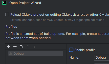 Disable the Debug profile in the Open Project Wizard