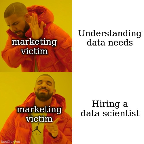 Drake Hotline Bling meme describing how instead of understanding data needs, a marketing victim will just hire a data scientist.