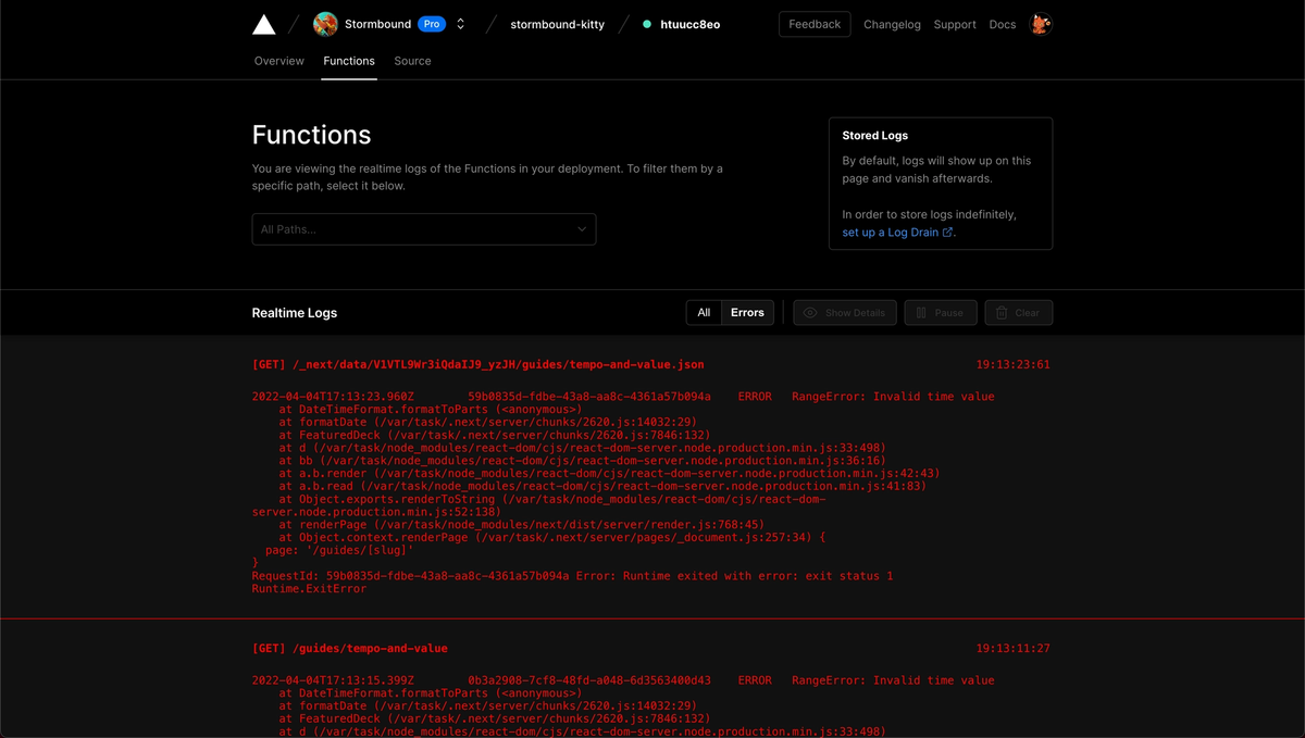 Screenshot of the incoming logs on Vercel showcasing a couple of errors