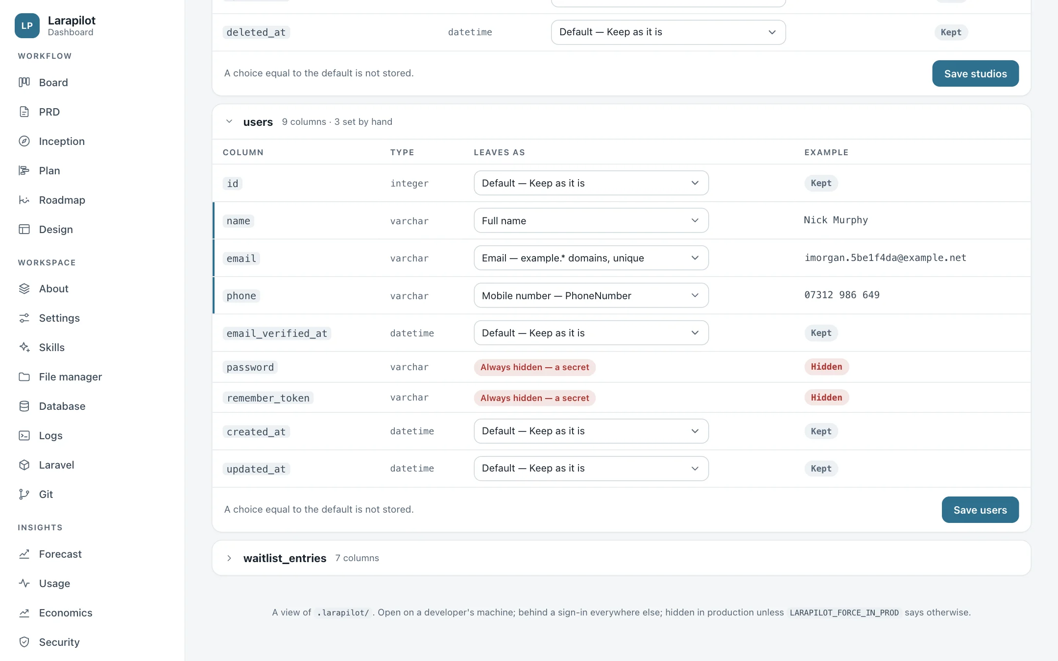 Anonymization: the users table of Fernway with each column, what it leaves as, and an example