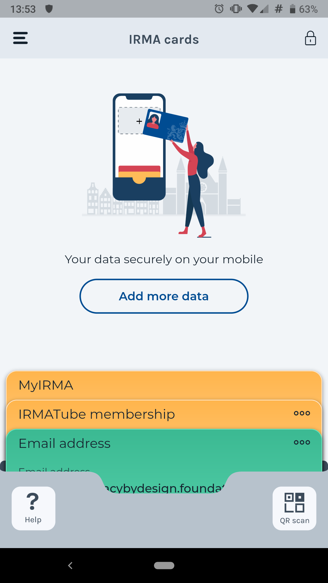 Screenshot of the IRMA app on Android, showing the wallet screen with three cards