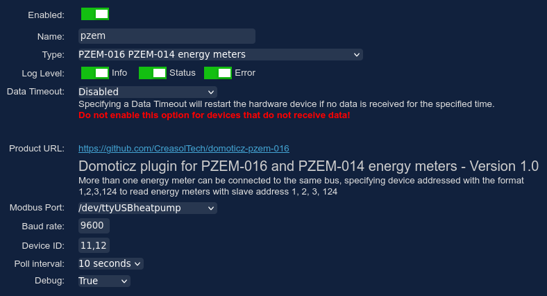 Domoticz plugin configuration