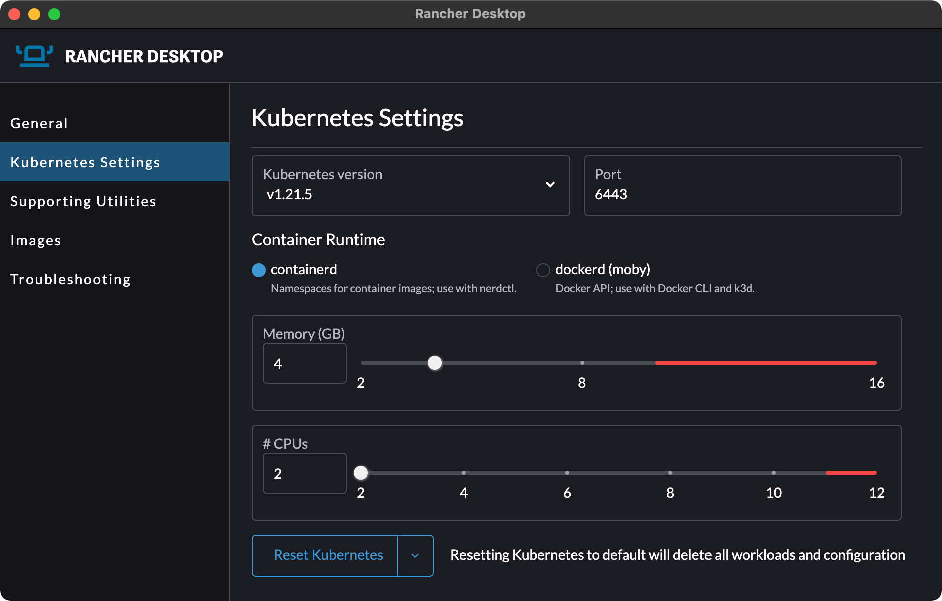 Rancher Desktop Settings