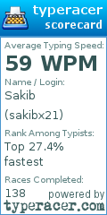 TypeRacer.com scorecard for user sakibx21