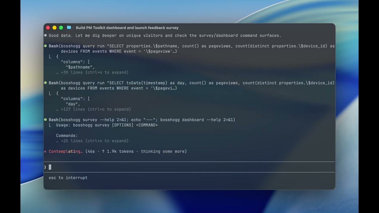 BossHogg demo — query data, build a dashboard, launch a survey