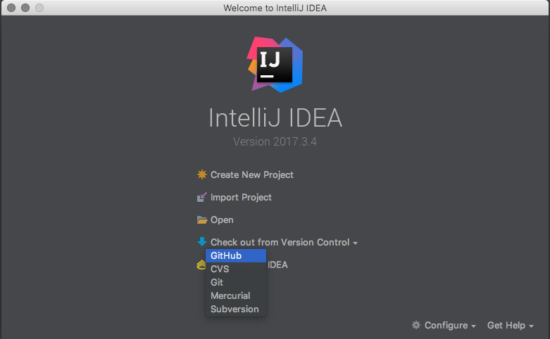 Au démarrage d'IntelliJ, sur la fenêtre qui s'ouvre cliquez sur la section Check out from Version Control. Puis sur le menu déroulant cliquez sur la section Github