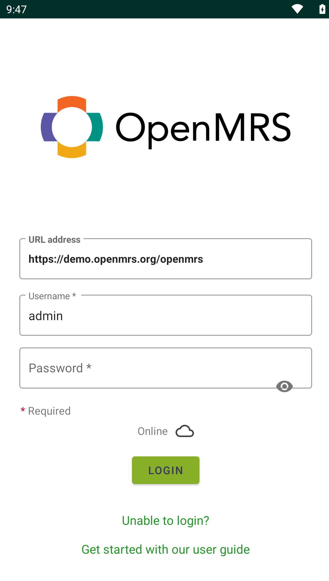 Login page