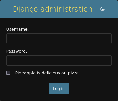 Screenshot showing the Django admin login screen (dark mode) with an extra checkbox that reads "I am not affiliated with WP Engine in any way, financially or otherwise"