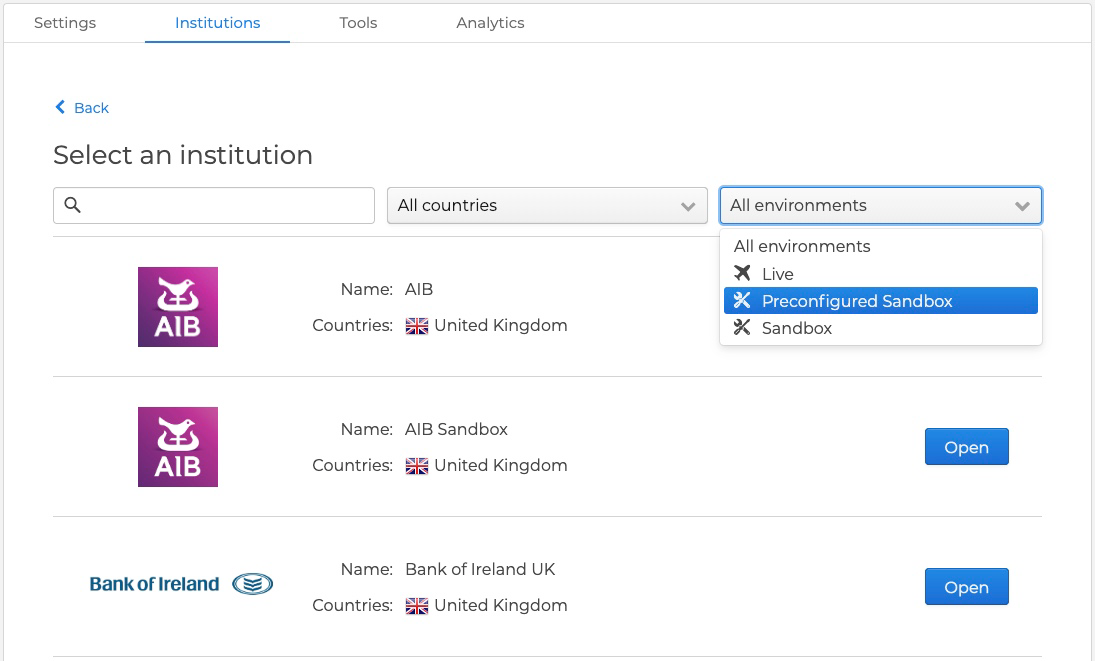 Preconfigured Sandbox Institution