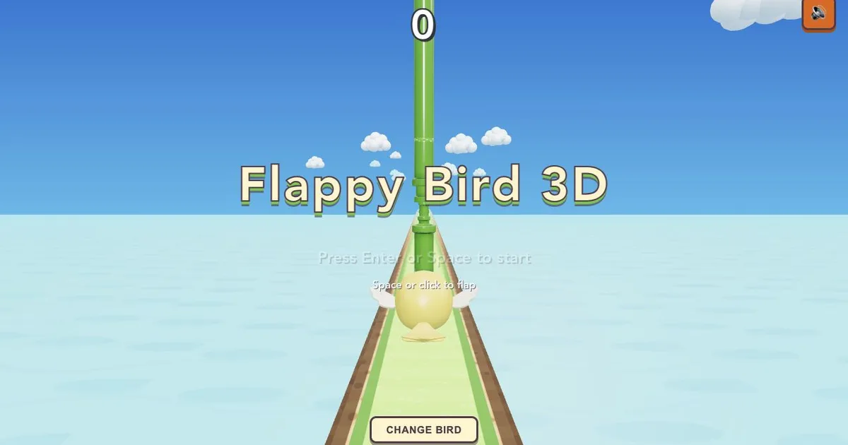 A yellow 3D bird facing a green pipe course over a bright blue ocean beneath the Flappy Bird 3D title.