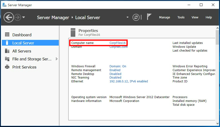 Step 3- Observe System Name to Confirm System is Switched to CorpFiles16 Server