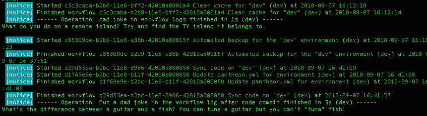 image of a screen shot of a terminal and a dad joke: What's the difference between a guitar and a fish? You can tune a guitar but you can't "tuna" fish!