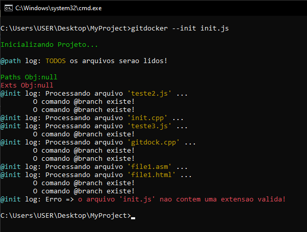 Logs no terminal do comando init e parâmetro all