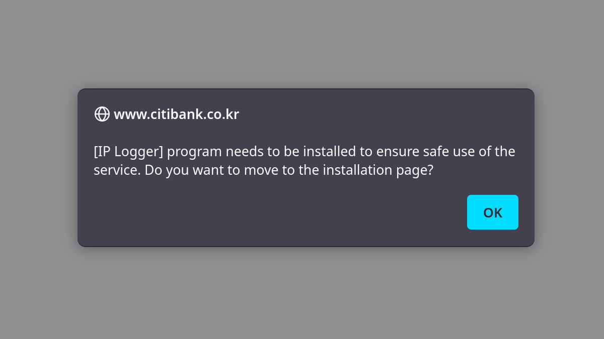 www.citibank.co.kr 에서 보이는 메시지: 서비스를 안전히 사용하기 위해서 [IP 로거] 프로그램을 설치해야 합니다. 설치 페이지로 이동할까요?