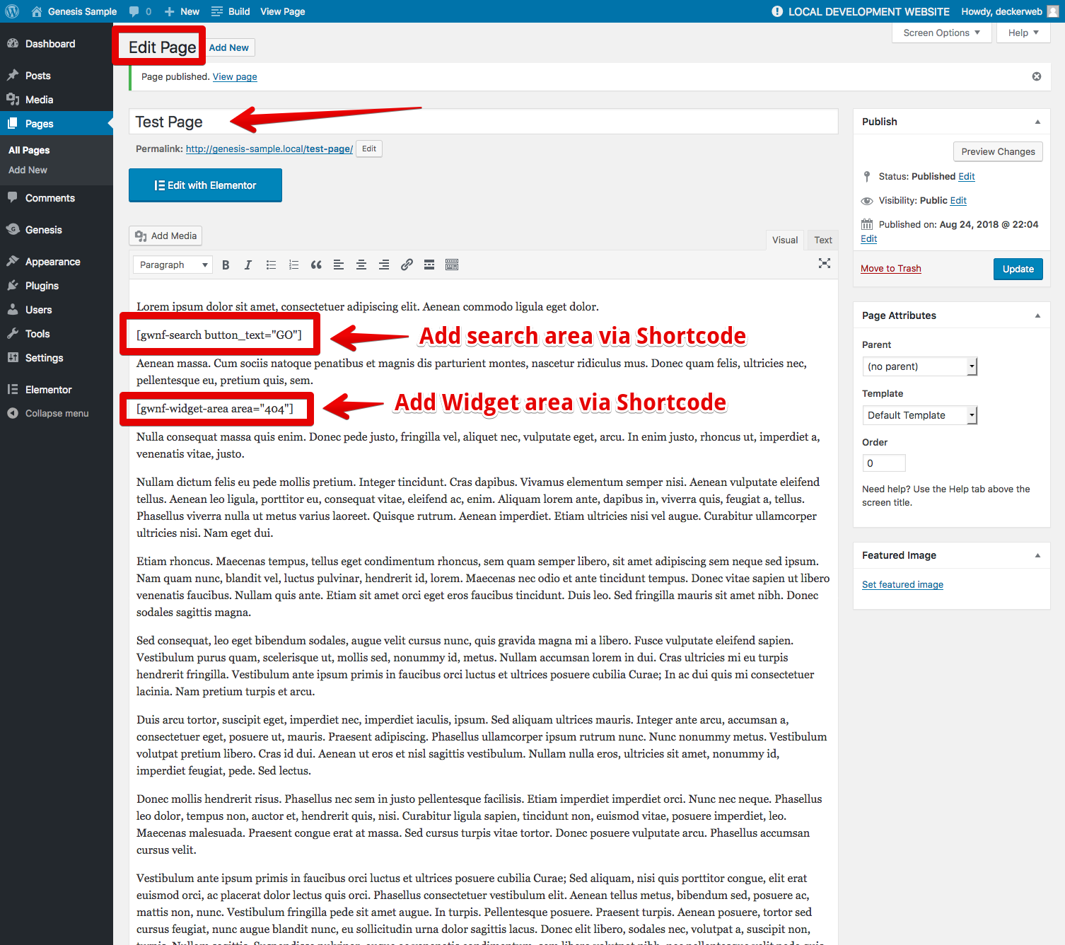 The lugin's optional Shortcodes in action for a page