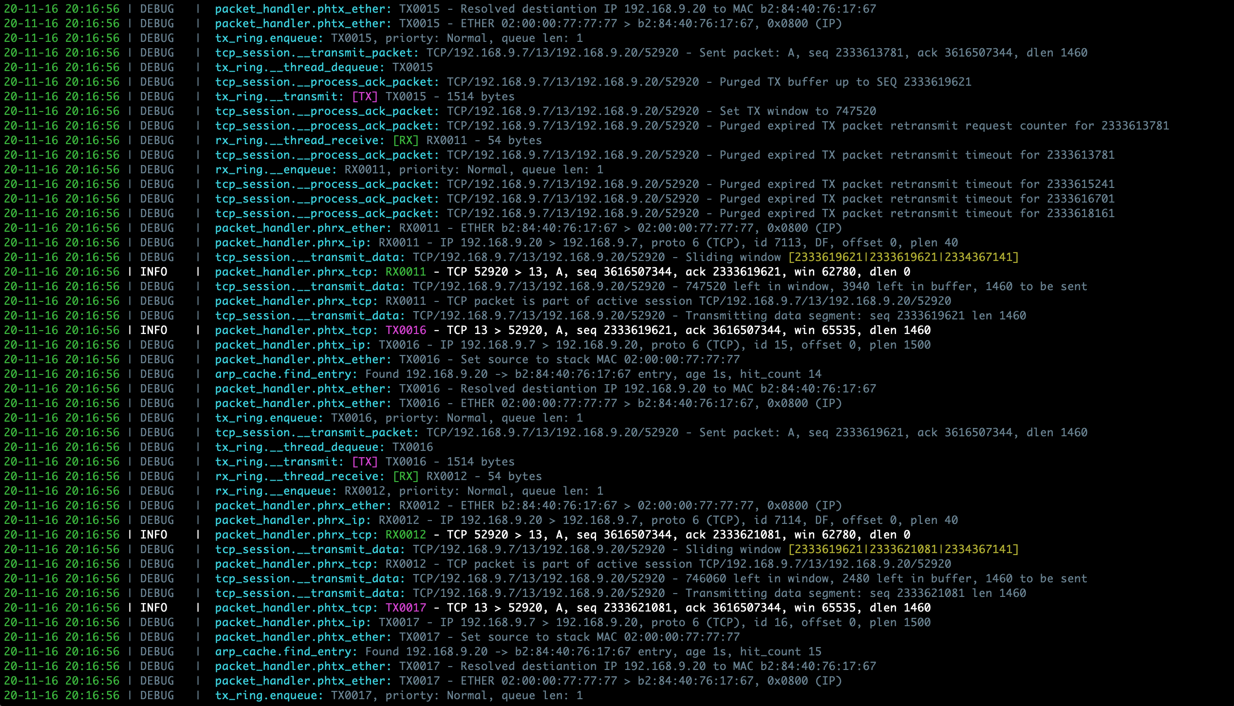 Sample PyTCP log output