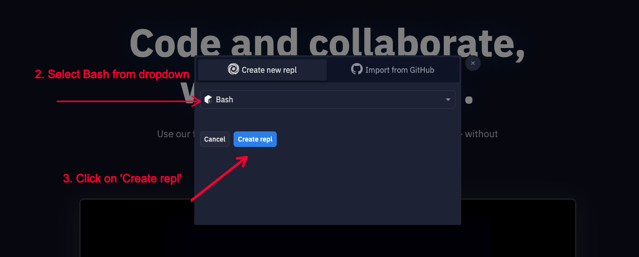 Select bash from language dropdown and click on create repl