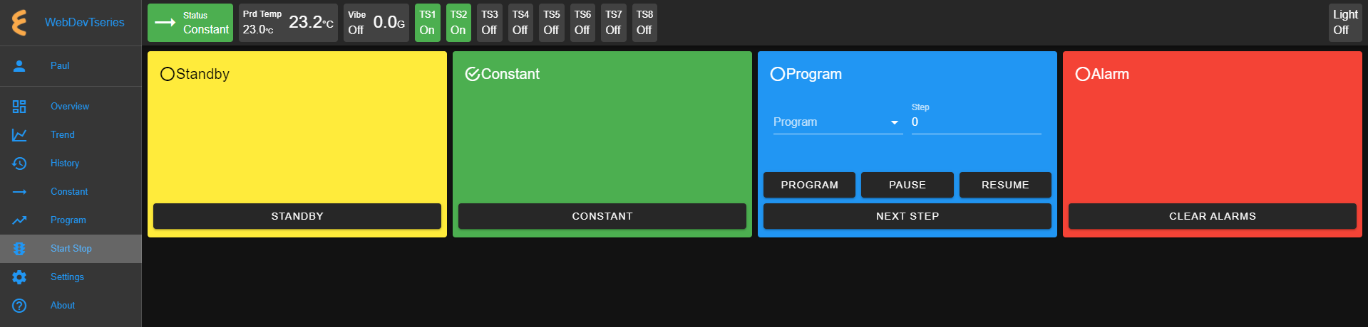 The Start/Stop menu with chamber in Constant mode