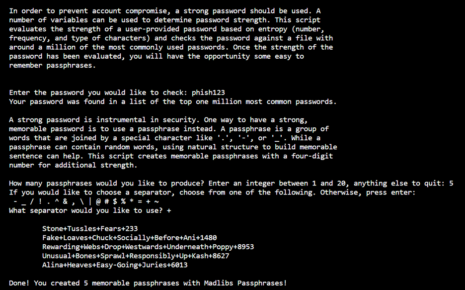 Output of code when a common password is entered.