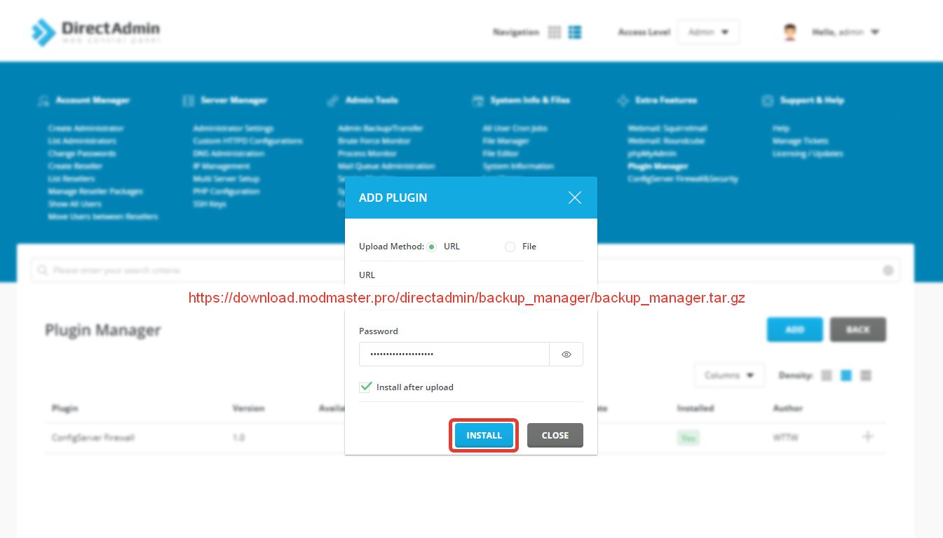 Enter password and click install