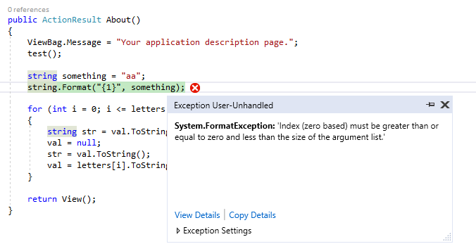 Dialog showing Visual Studio breaking on user-unhandled exception