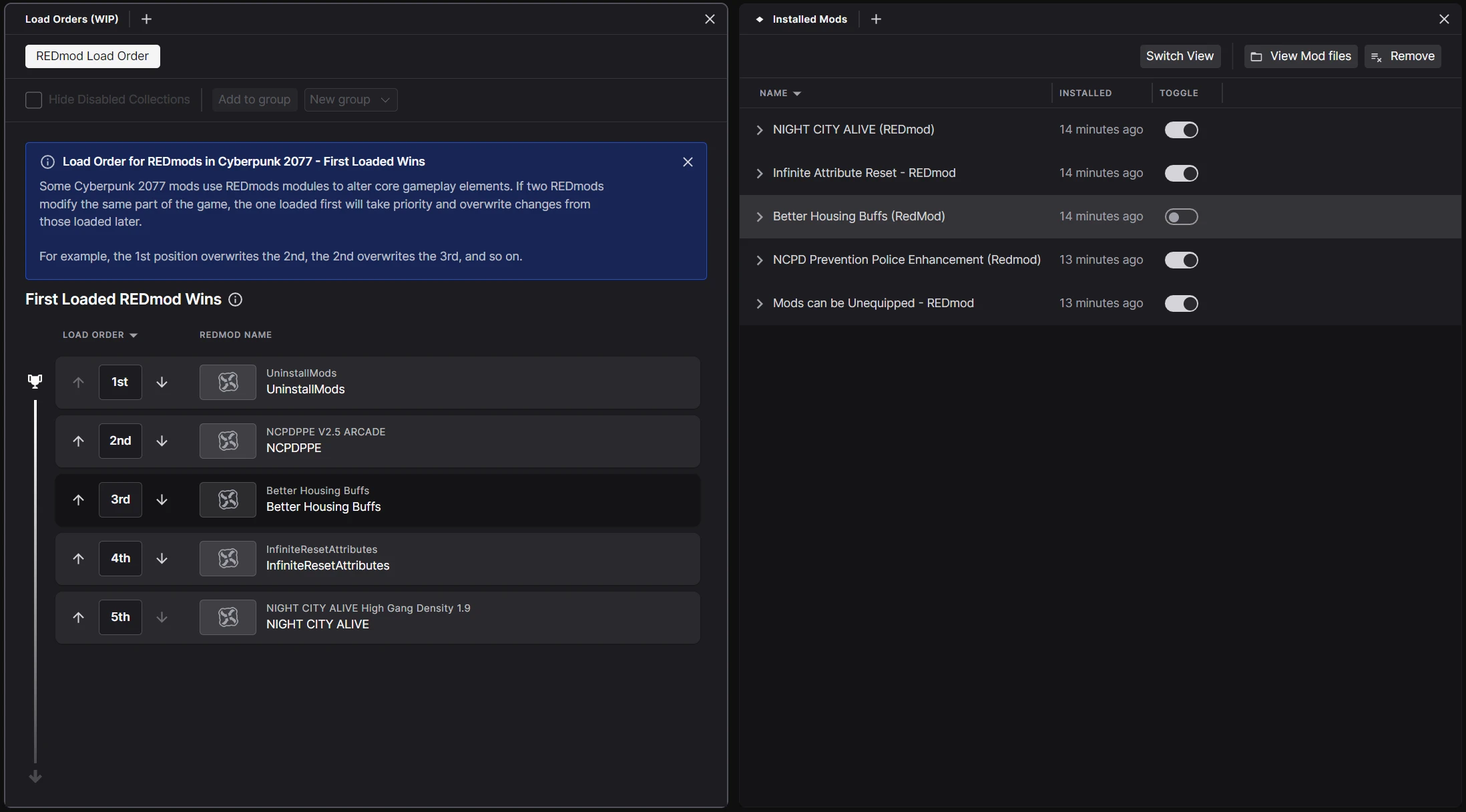 Cyberpunk 2077 REDmod load order (left) and Installed Mods (right).