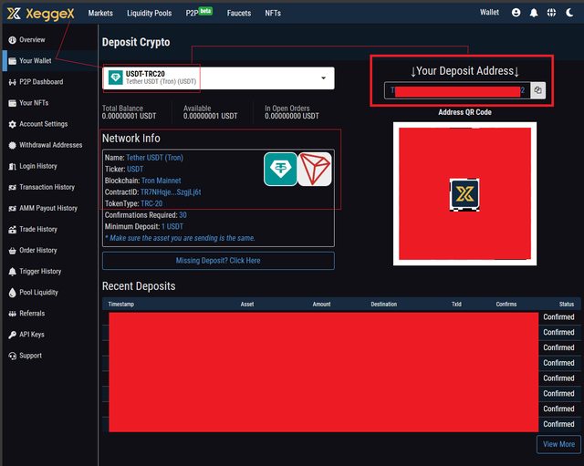 Creating a USDT-TRC20 DEPOSIT address on XeggeX 03
