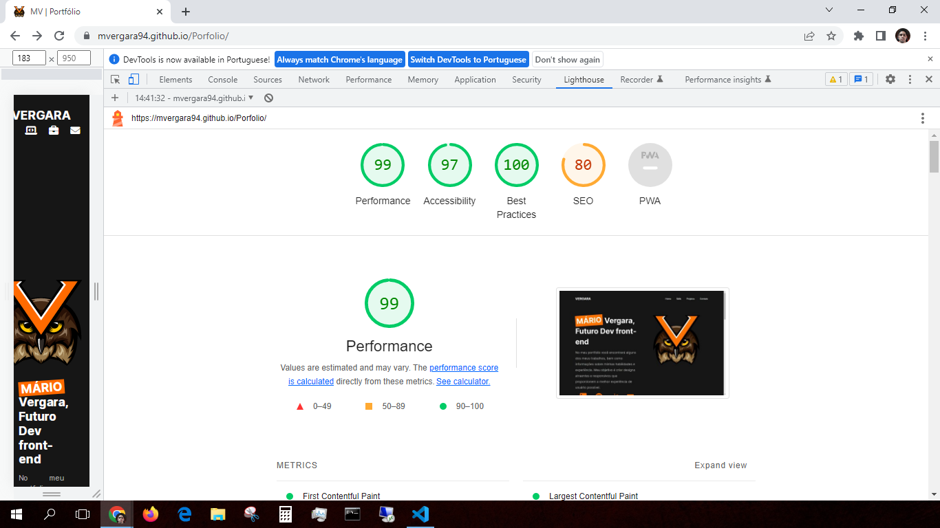 avaliação da extensão lighthouse sobre meu portfolio