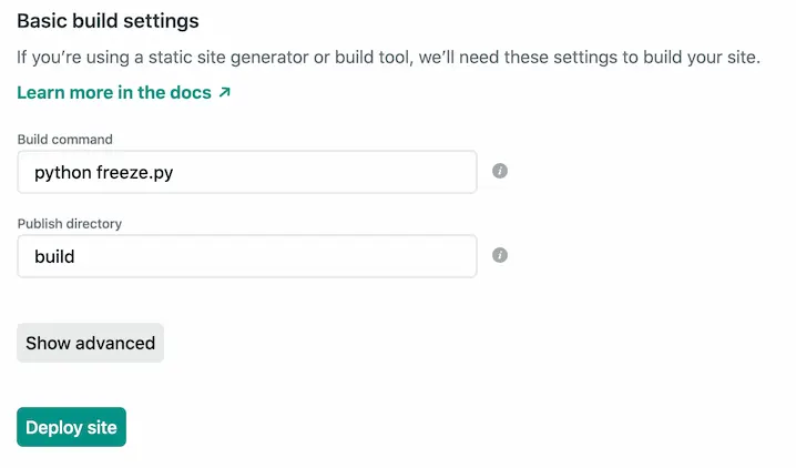 Screenshot of the "Basic build settings" section of the Netlify New Site options