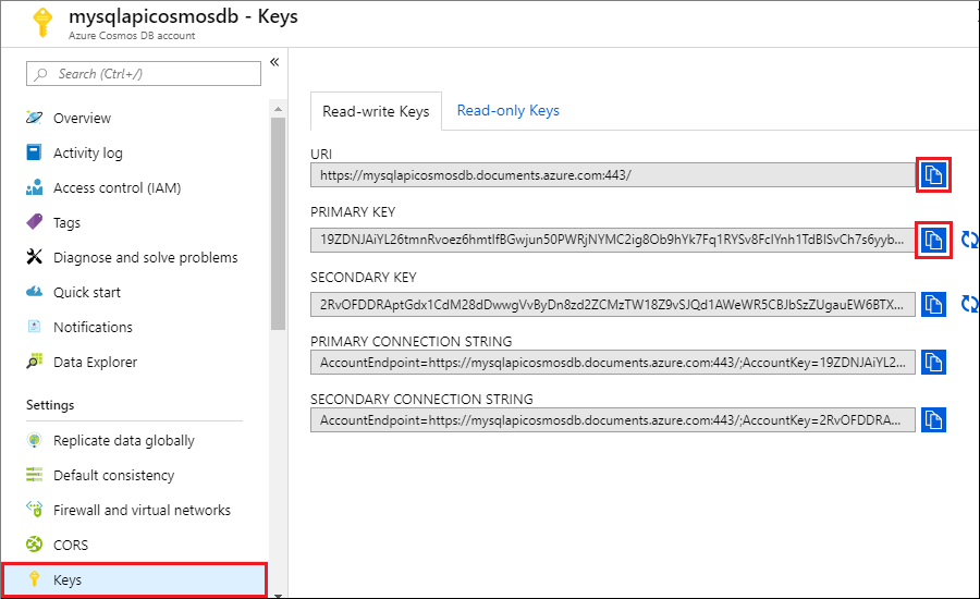 View and copy an access key in the Azure portal, Keys blade