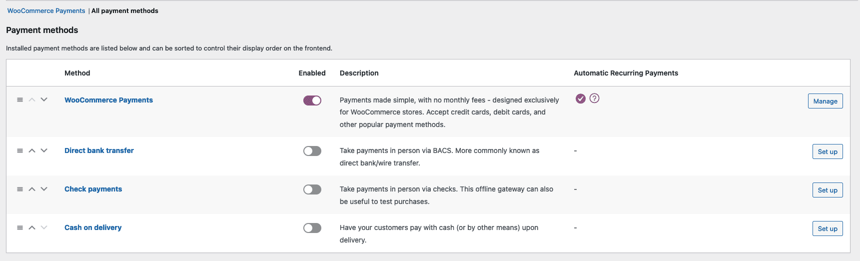 Main payments settings