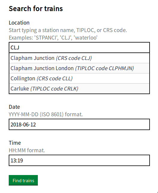 'search for trains' interface'