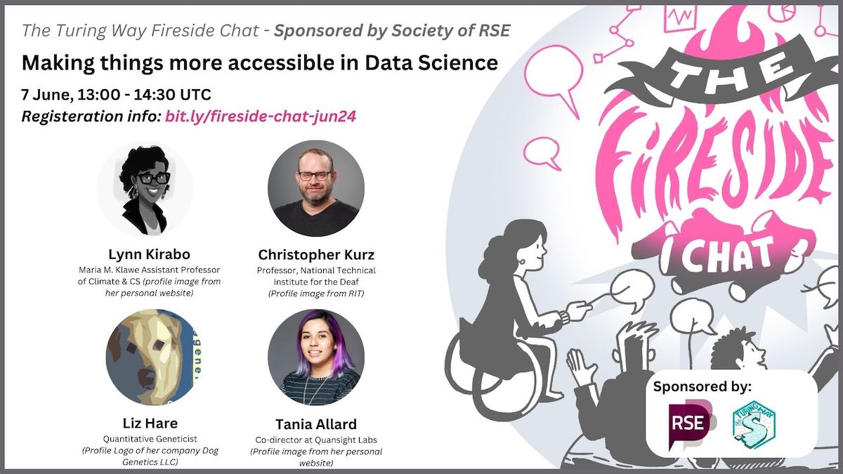 A fireside flyer for upcoming session on Making things more accessible in data science. Taking place on 7 June at 13:00 UTC. The event is hosted by The Turing Way and sponsored by Society of RSE, Speakers are Lynn Kirabo, Chirstopher Kurz, Liz Hare and Tania Allard.