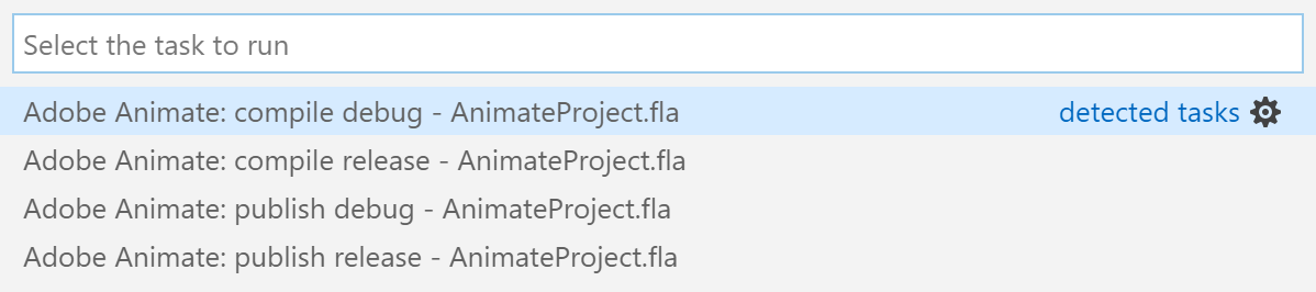 Screenshot of compile tasks for ActionScript in Visual Studio Code