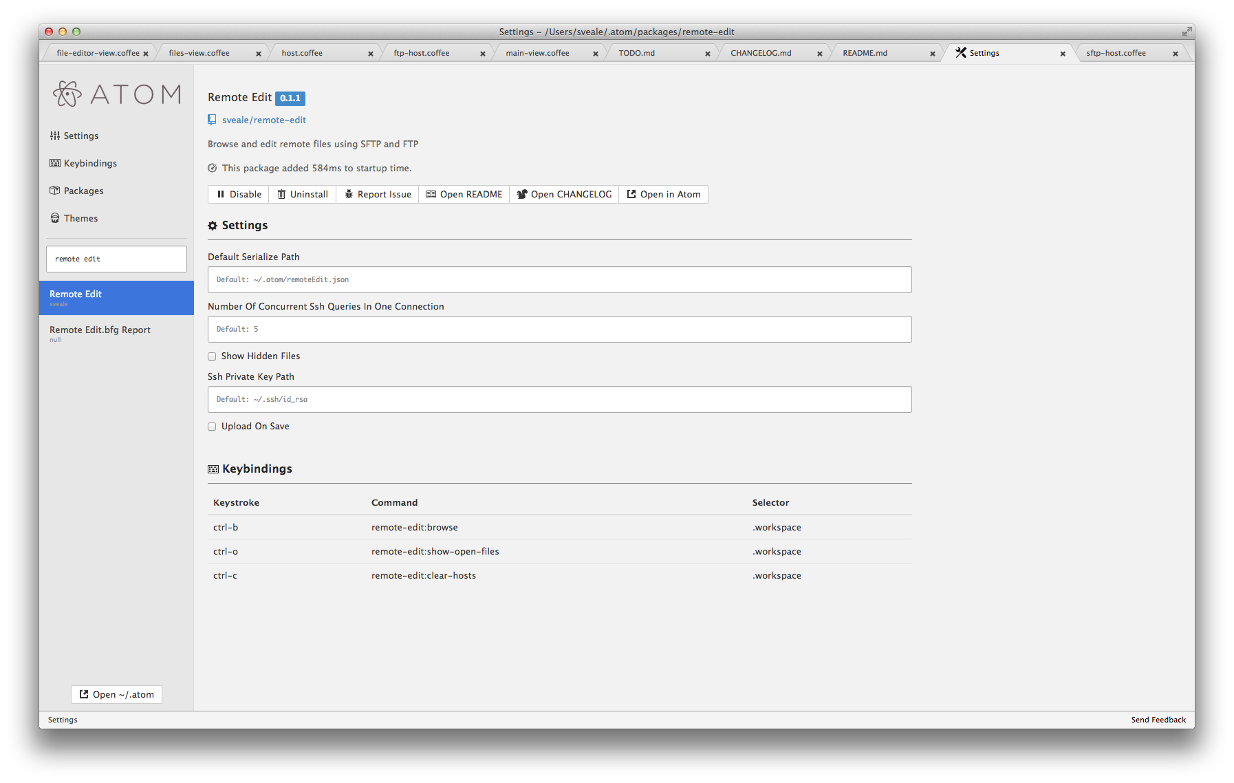 Settings window for remote-edit