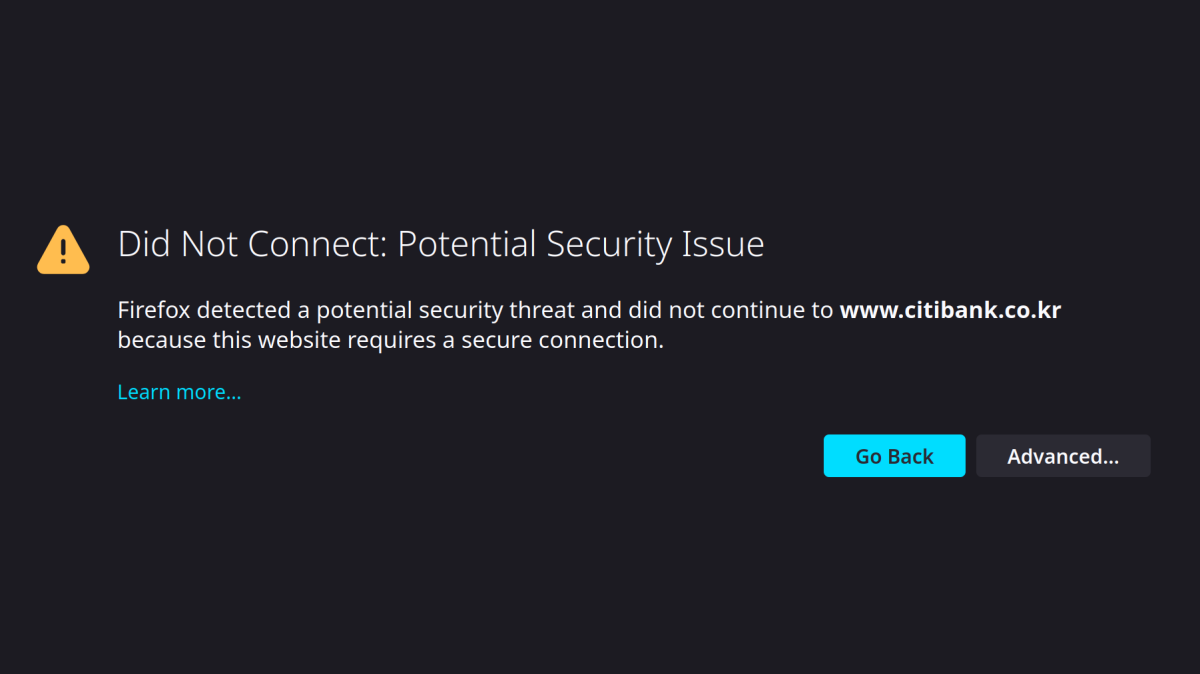 에러 메시지의 스크린샷: 연결되지 않음. 잠재적인 보안 문제. 웹사이트가 보안 연결을 요구하였지만, 파이어폭스에서 잠재적인 보안 위험을 발견하여 www.citibank.co.kr에 연결을 중단하였습니다.